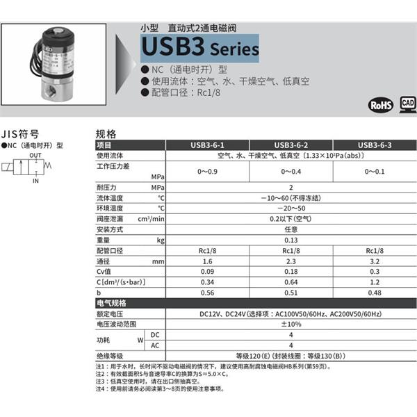 CKD喜開理多種流體小型直動式2通電磁閥USB3-6-1-B-DC24V