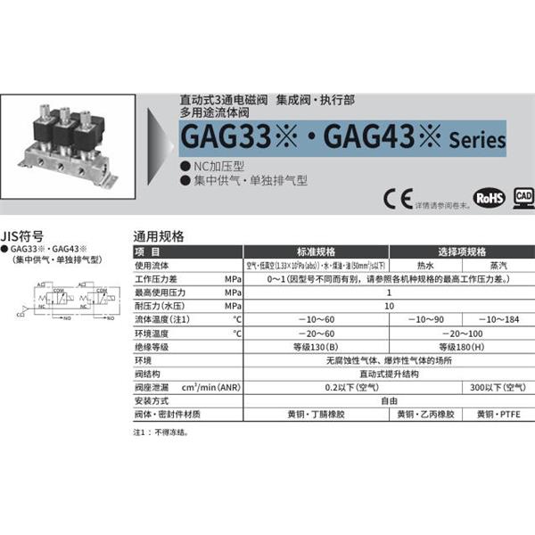 CKD喜開理多種流體直動(dòng)式2通電磁集成閥GAG332N-1-0-AC100V