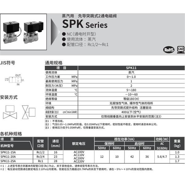 CKD喜開理蒸汽用先導(dǎo)突跳式2通電磁閥SPK11-20A-F4A-AC100V