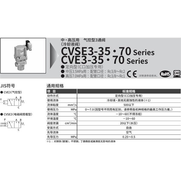 CKD喜開理中?高壓用氣控式3通閥CVSE3-20A-70-B3RB-R-3