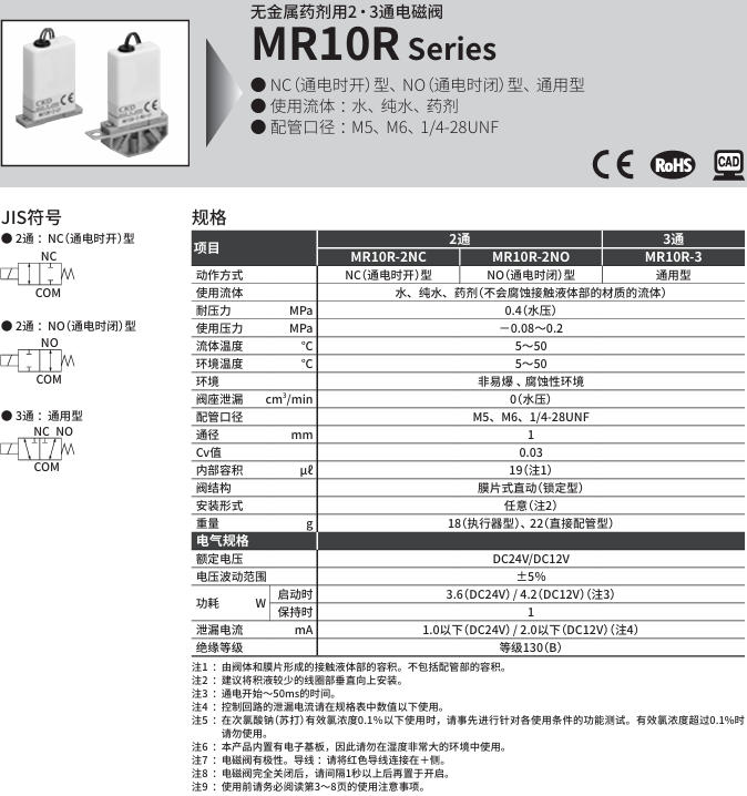 CKD喜開理無(wú)金屬小型2?3通電磁閥MR10R-2NC-EF-DC24V